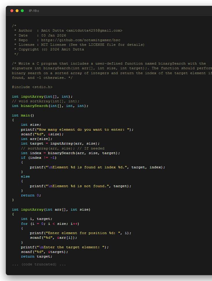 Write a C program that includes a user-defined function named binarySearch with the signature int binarySearch(int arr[], int size, int target);. The function should perform a binary search on a sorted array of integers and return the index of the target element if found, and -1 otherwise.